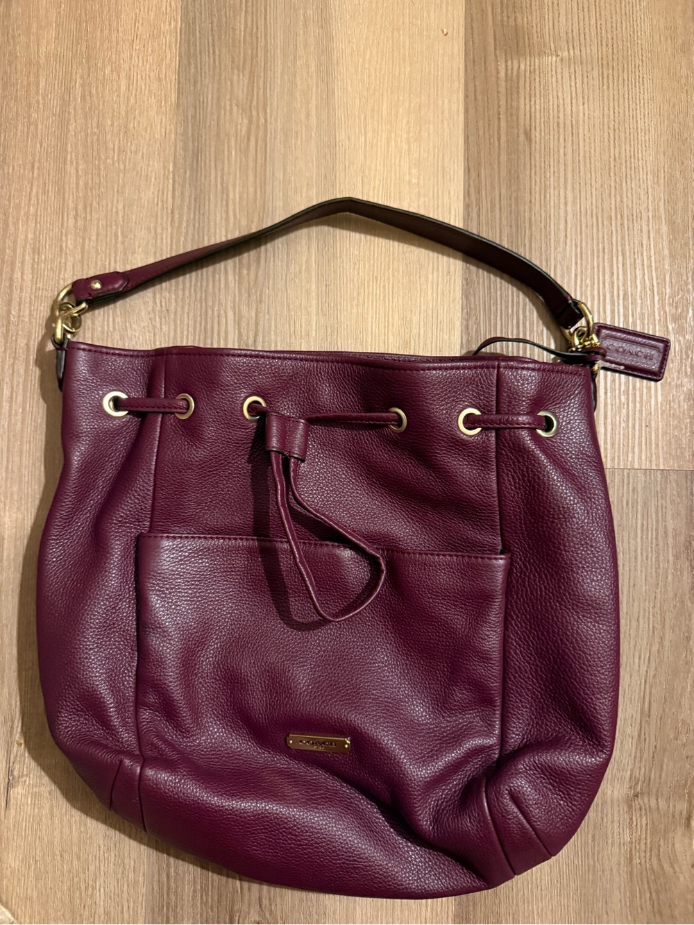 Coach Burgundy Leather Drawstring Shoulder Bag with Gold Hardware